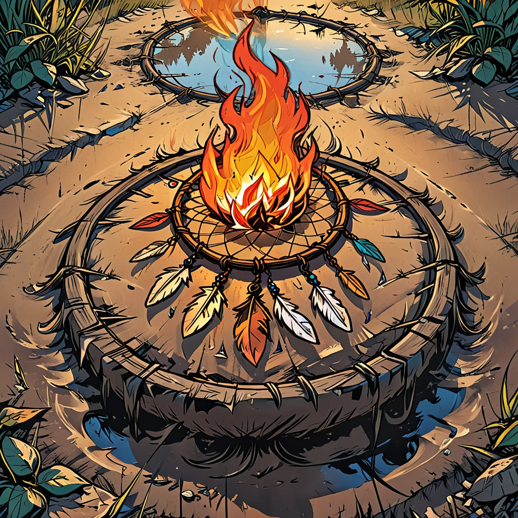 
the dream catcher  burning ((lies on the ground)) in the mud,   day,    graphic style of novel comics, 2d,
8k, hyperrealism, masterpiece, high resolution, best quality, ultra-detailed, super realistic, Hyperrealistic art, high-quality, ultra high res, highest detailed, lot of details, Extremely high-resolution details, incredibly lifelike, colourful, soft cinematic light,
