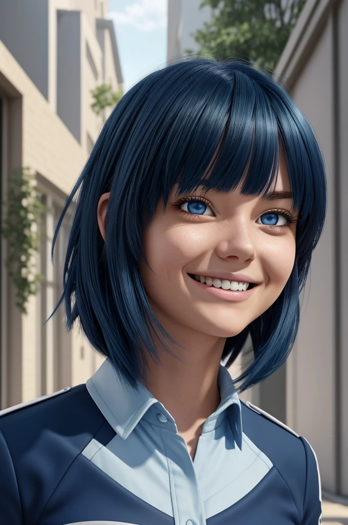 Screenshot of my hero academia. Girl but dark blue with slight lighter blue locks and length, with a butterfly cut fringe. She is thin and has a big bust. You have light blue eyes and you have a happy expression. He is wearing the UA uniform and is smiling.