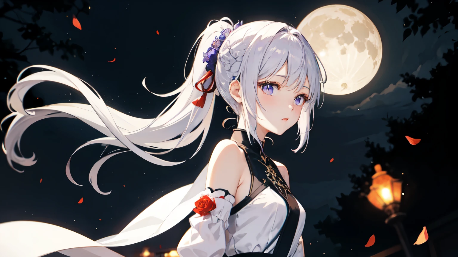night、A deep forest spreads out before me.、wood々A round moon rose between the。On the terrace、A beautiful girl with purple eyes and white hair tied in a ponytail、Blowing in the Wind。