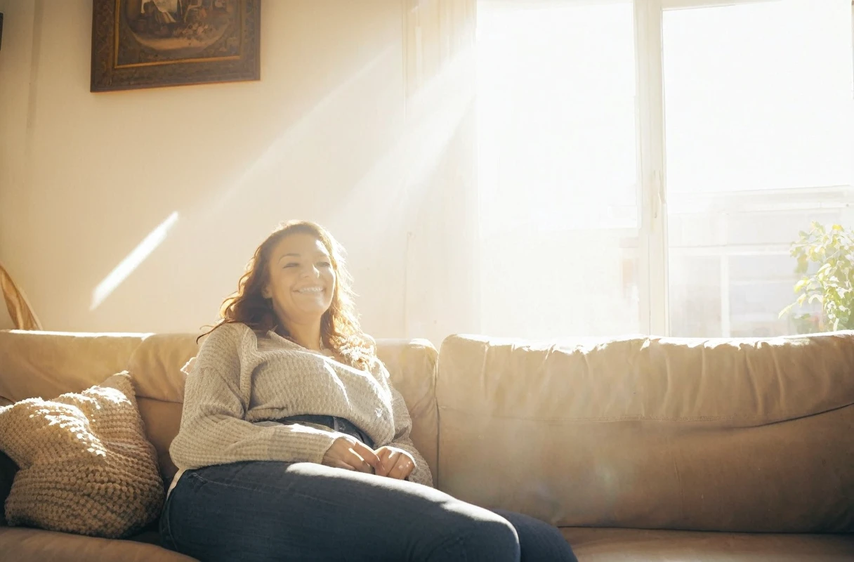 a photograph of highest quality a woman is sitting on her couch, photograph, 100mm, zoom, sunlight, indoors, happy, haze, atmosphere