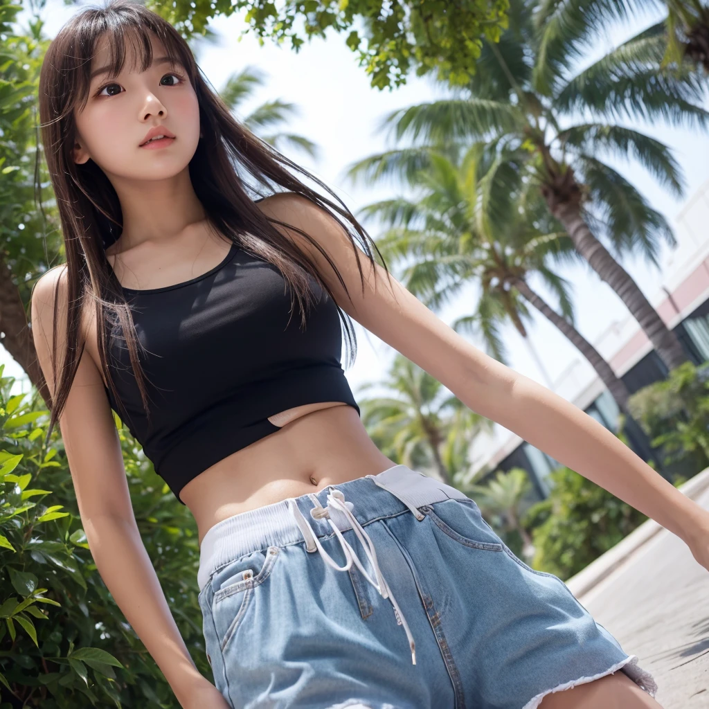 Highest quality,girl,Are standing,Tuck up your clothes,Sweat,long hair,Crop top, cut off, Shorts,outside,Looking up from below