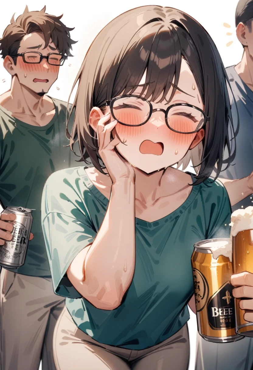 masterpiece, best quality, very aesthetic, absurdres, newest, 1girl, asymmetrical bangs, tareme, blush, drunk, short hair, open mouth, brown hair, shirt, 1boy, white background, multiple boys, glasses, 2boys, sweatdrop, blue shirt, alcohol, green shirt, can, grey pants, beer, beer can