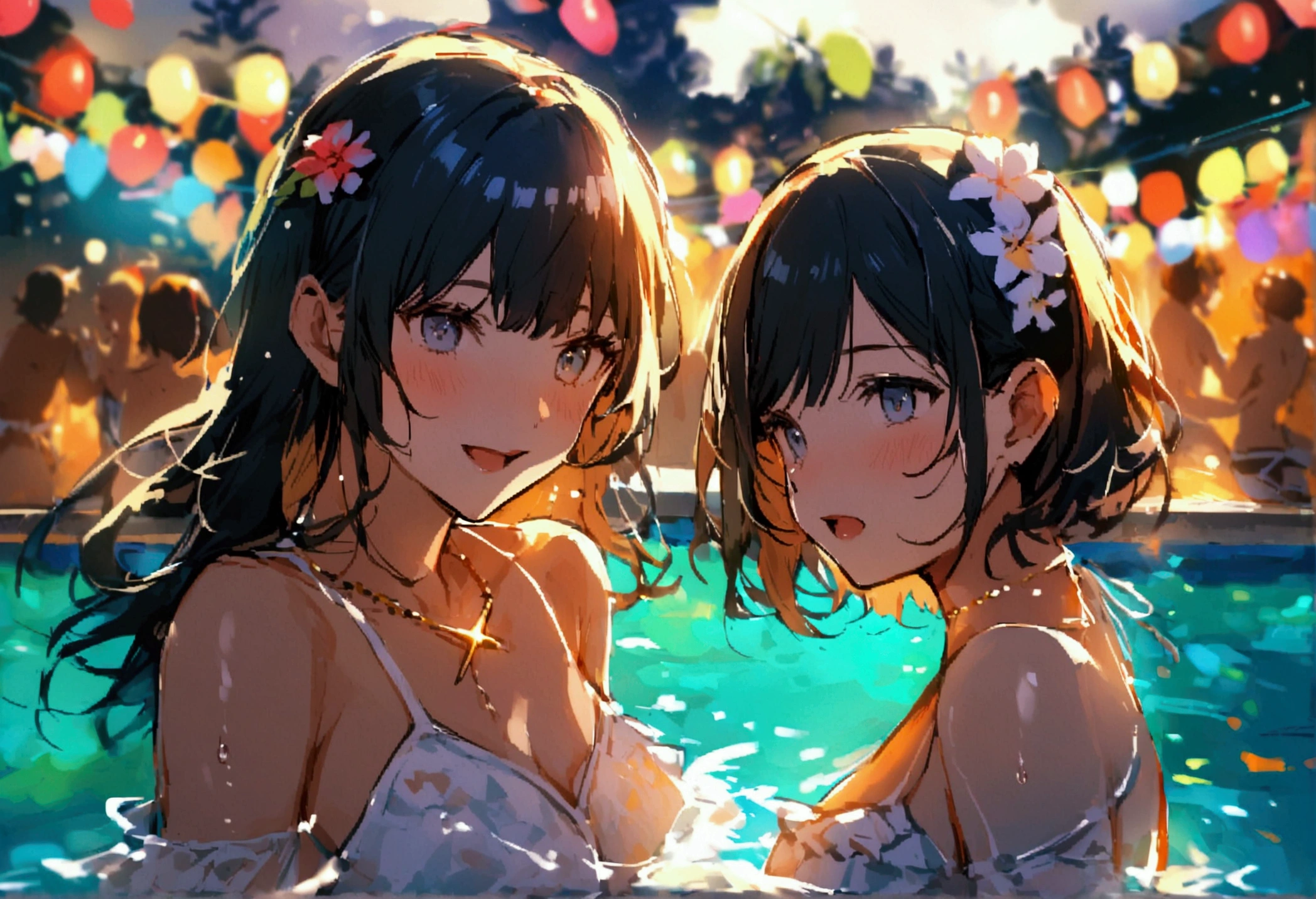 Many people are dancing by the pool、summer night