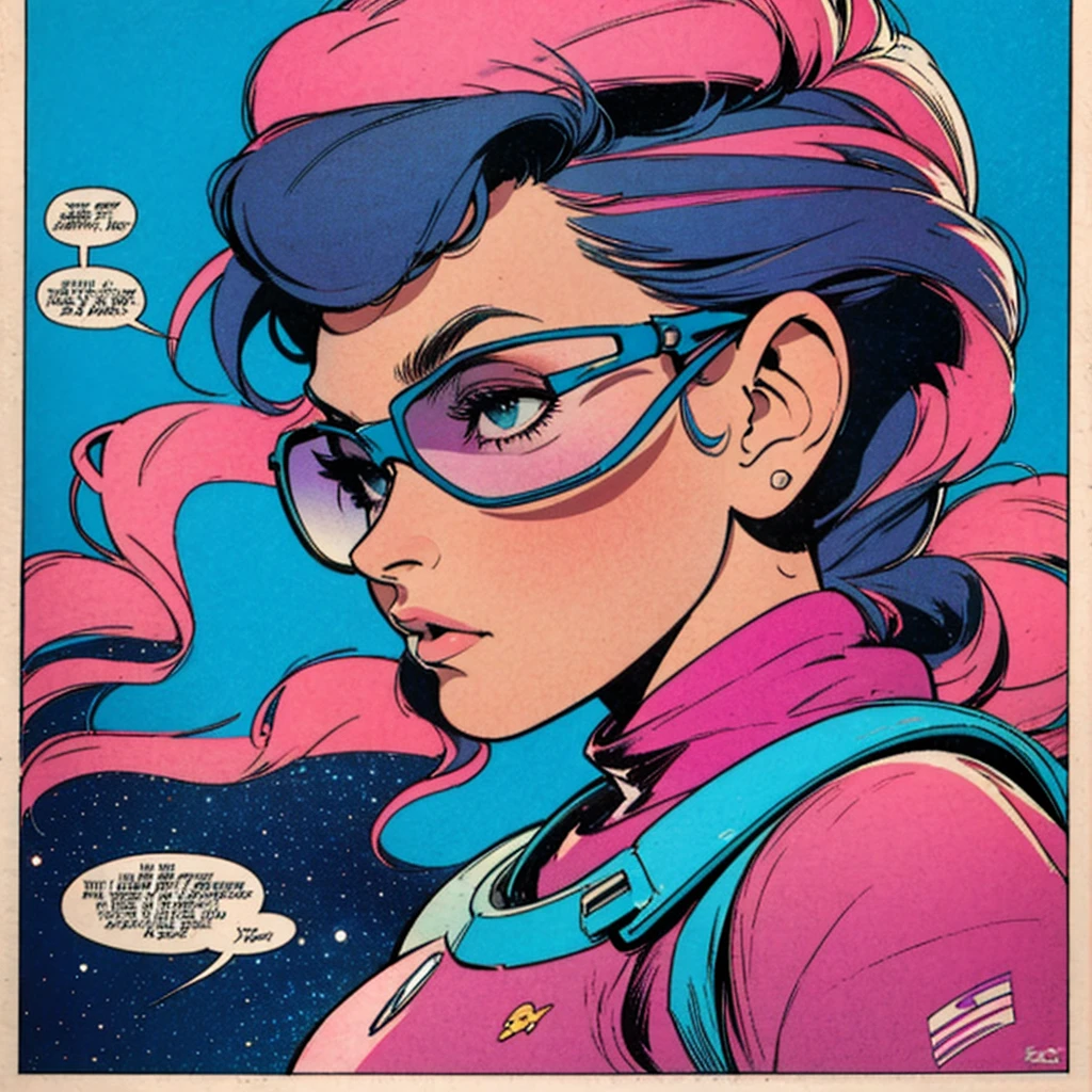 ultimate best quality,beautiful woman,speech bubble,big brest,galaxy,60s,70s,80s,colorful,cosmo,space,sunglass, profile view, head to shoulders, 1 woman