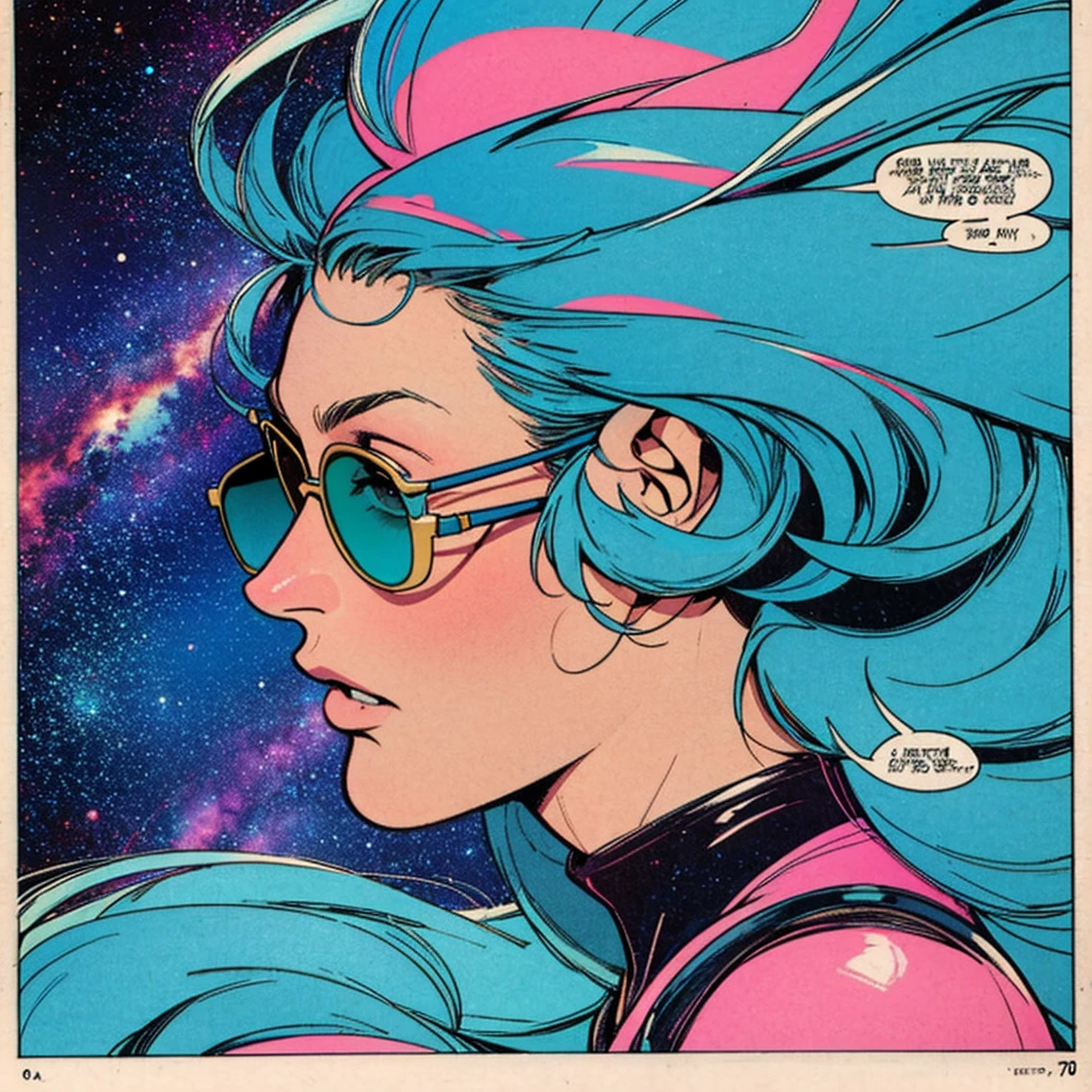 ultimate best quality,beautiful woman,speech bubble,big brest,galaxy,60s,70s,80s,colorful,cosmo,space,sunglass, profile view, head to shoulders, 1 woman