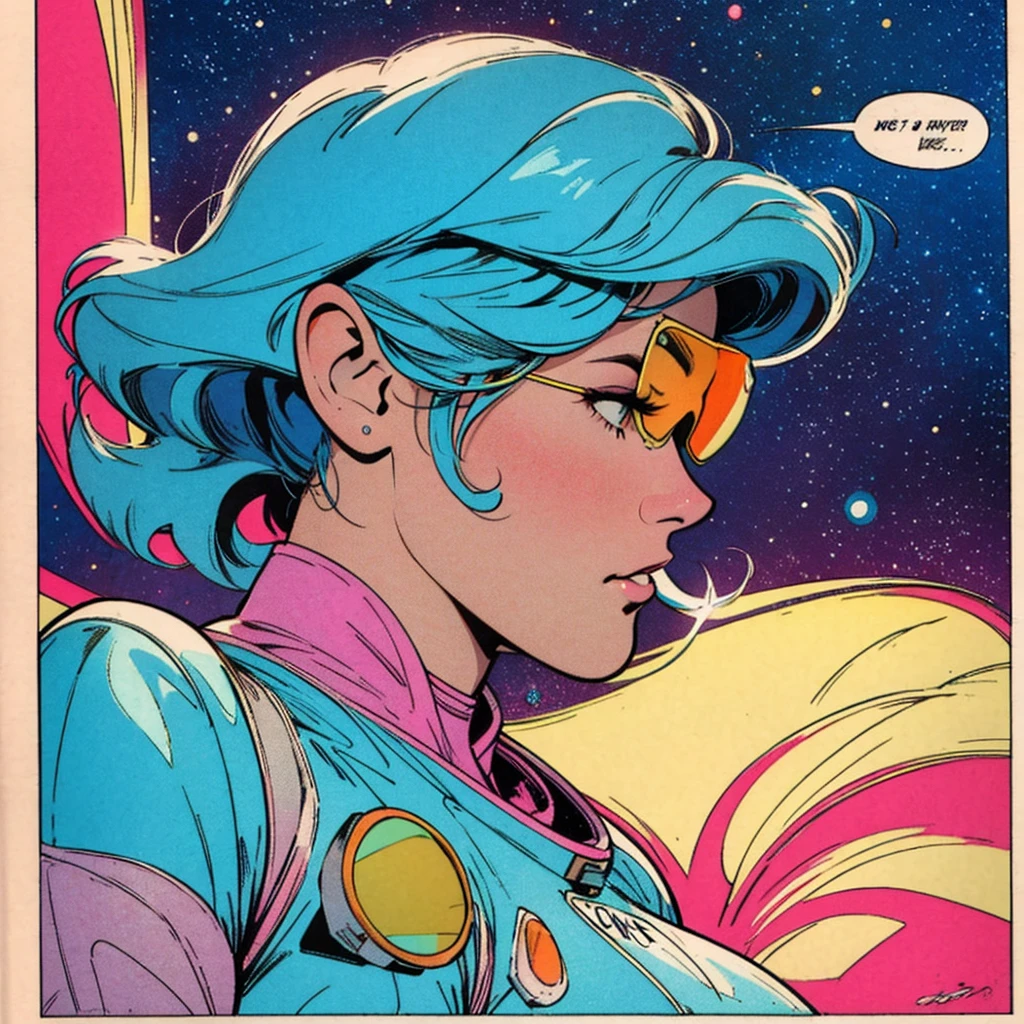 ultimate best quality,beautiful woman,speech bubble,big brest,galaxy,60s,70s,80s,colorful,cosmo,space,sunglass, profile view, head to shoulders, 1 woman