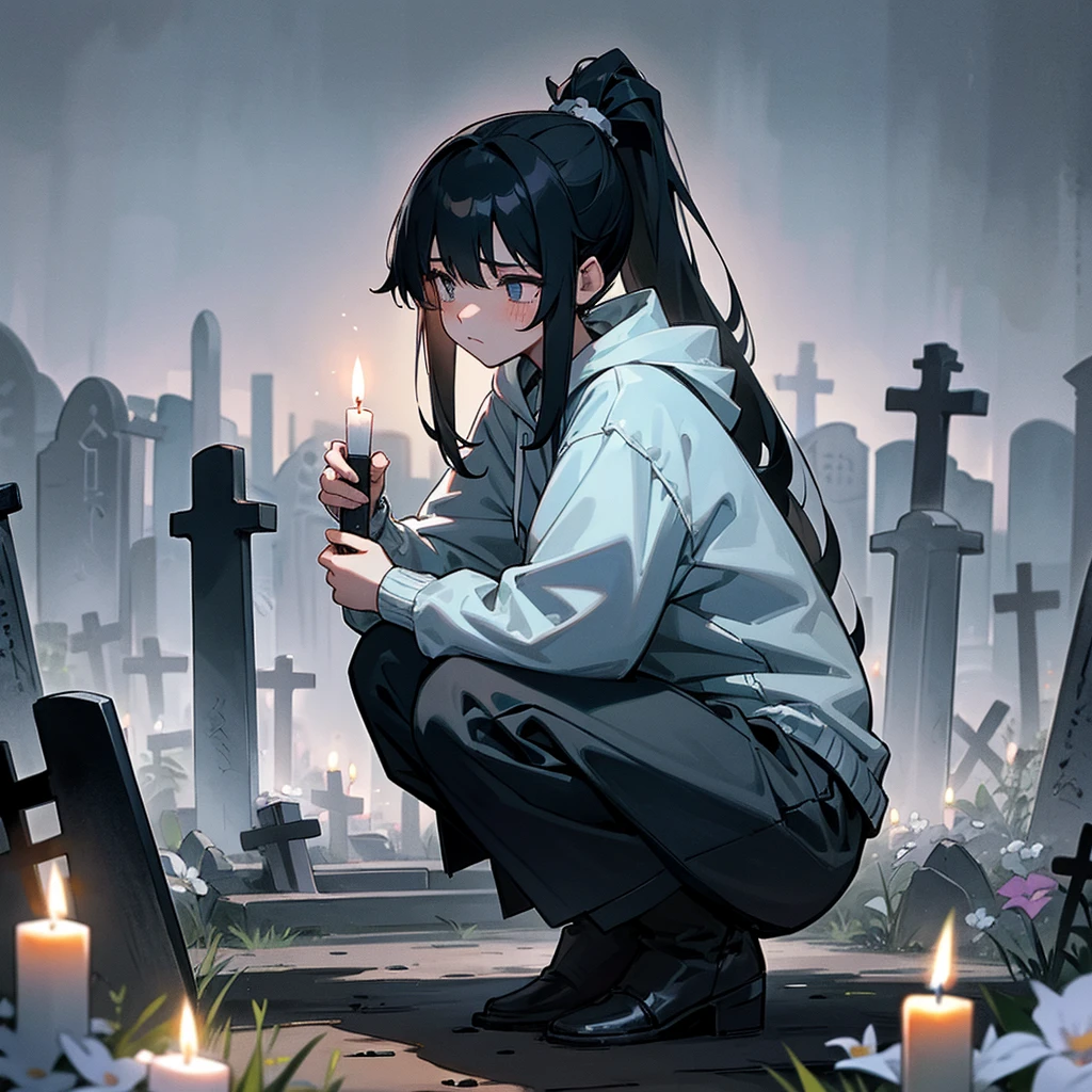 long black hair、girl、ponytail、squat、hoodie、flower、graveyard. night time, darkness, candle on a gravestone.
sadness, mourning expression