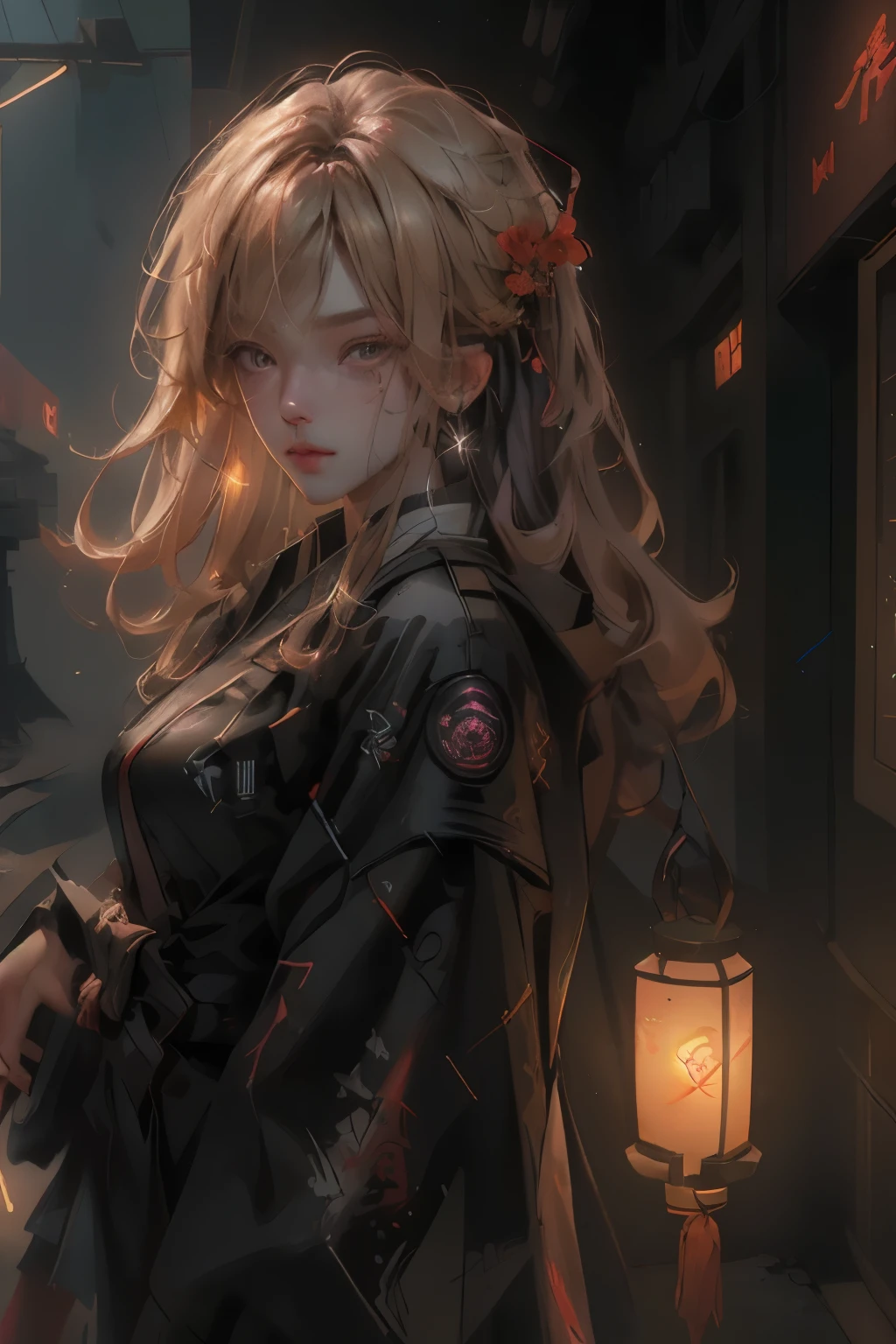 ((best quality)), ((Masterpiece)), (details:1.4), 3d, Image of a beautiful cyberpunk woman., HDR (high dynamic range), long hair, Blonde hair, future police, PBR surface, After processing,Anisotropic filtration, depth of field, Maximum clarity and clarity, multi-layered surface, perfect proportions, 8K raw files, (Red, Hanfu), Cyber City, Starry sky, (Lighting Particles), Fog, lantern, หน้าอกใหญ่, Yoru, Brown and well-detailed eyes
