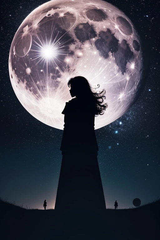 Highest quality,Big moon and shadow,A silhouette of a person can be seen against the backdrop of a large moon.,There is one full moon,There is a mood,Beautiful scenery,Starry Sky