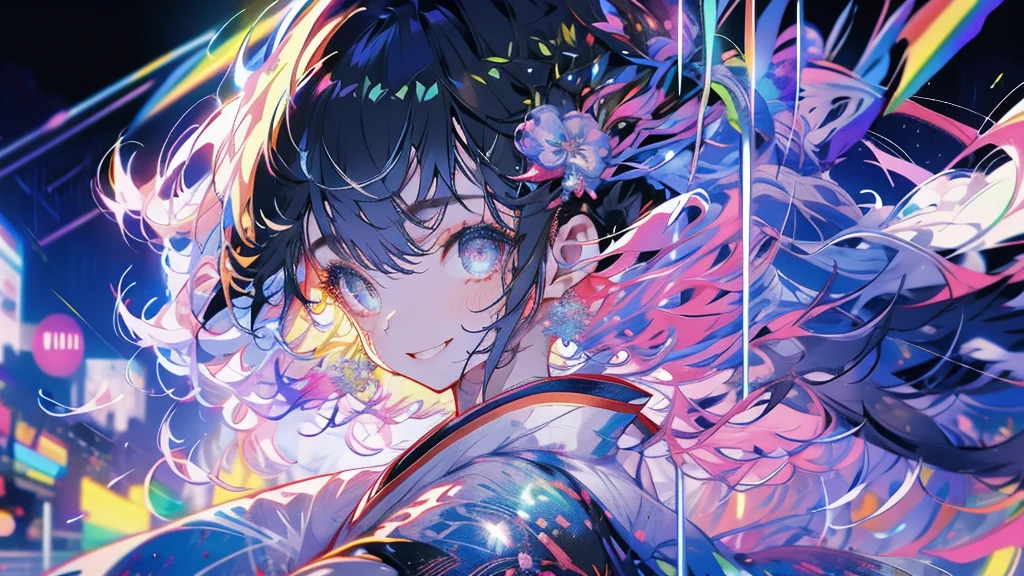 masterpiece、Rainbow Hair、Delicate eyes、smile、Delicate eyes、Hair tied up、Beautiful hair ornaments、kimono、(((firework)))、whole body