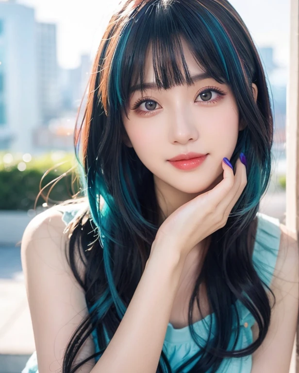 Coloured inner hair、Parted bangs、Halo、Colored contact lenses、Beautiful smile、Surrealistic Style、Blurred Background、Social Media Configuration、Full body photo、Wide Shot、Bokeh、8K、Highly detailed skin、masterpiece、Super detailed、Photorealistic、Physically Based Rendering、professional、Nail art