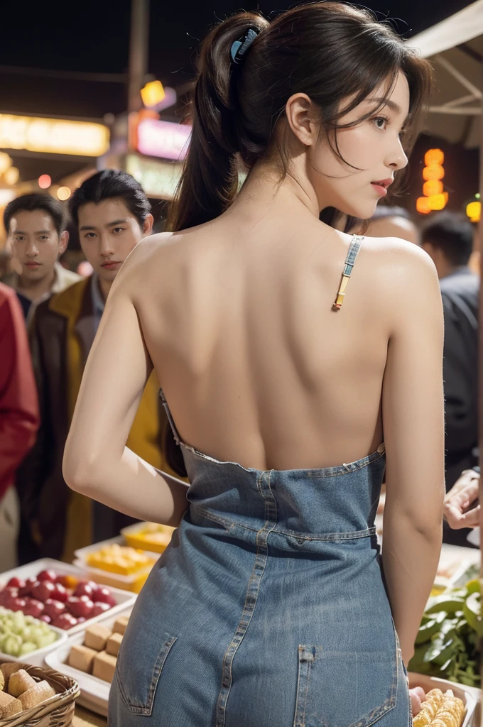 (((best quality))),(((ultra detailed))),(((masterpiece))),illustration,((1 beautiful girl,solo)),(short ponytail:1.2),(sheer apron:1.2),((bare shoulder,bare arms)),((slim,thin)),((bare back,towering hips,butt crack)),shopping, market, meat, bustling,early morning,bright eyes, flushed face, lively appearance, energetic, vendors, calls, wares, plastic sheets, spices, haggling, examining, cuts, beef, stall, butcher paper, scale, kaleidoscope, colors, sounds, fruits, vegetables, animated, talking, joking, background, food stall, breakfast rolls, vendor, steaming, fresh bread, butter, early hour, energy, chatting, vibrant, chaotic, community,((night scene,outdoor)),(surrounded by crowded crowds:1.3),((from back,upper body))