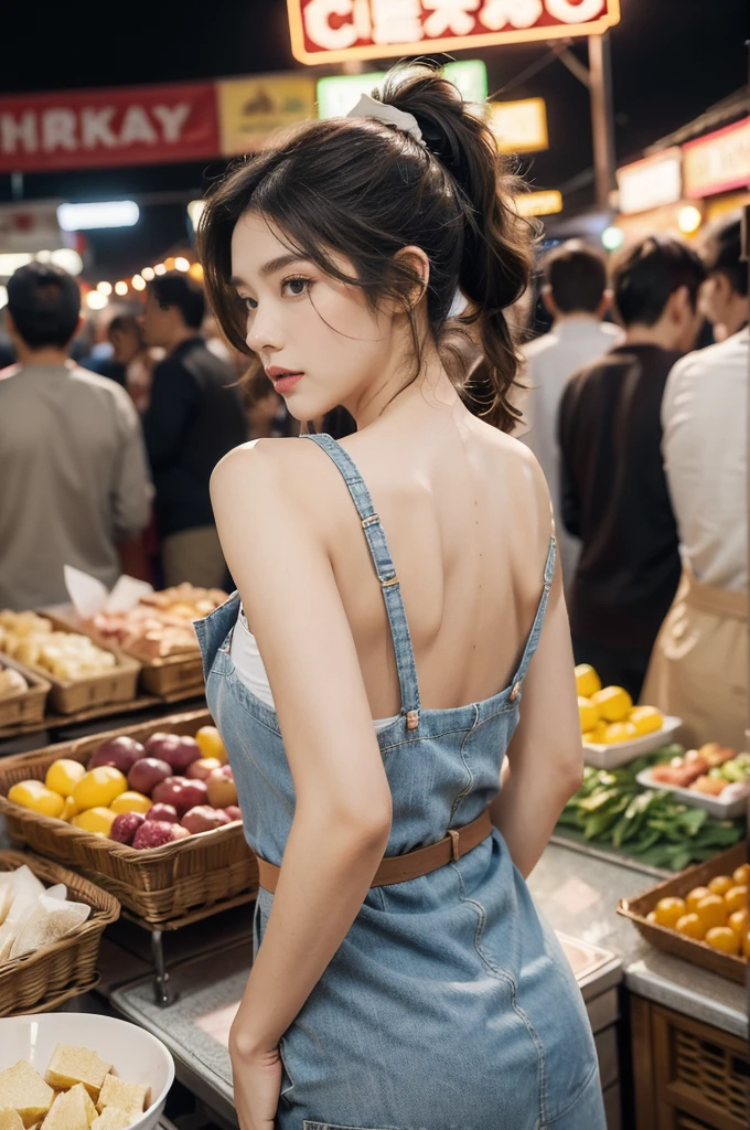 (((best quality))),(((ultra detailed))),(((masterpiece))),illustration,((1 beautiful girl,solo)),(short ponytail:1.2),(sheer apron:1.2),((bare shoulder,bare arms)),((slim,thin)),((bare back,towering hips,butt crack)),shopping, market, meat, bustling,early morning,bright eyes, flushed face, lively appearance, energetic, vendors, calls, wares, plastic sheets, spices, haggling, examining, cuts, beef, stall, butcher paper, scale, kaleidoscope, colors, sounds, fruits, vegetables, animated, talking, joking, background, food stall, breakfast rolls, vendor, steaming, fresh bread, butter, early hour, energy, chatting, vibrant, chaotic, community,((night scene,outdoor)),(surrounded by crowded crowds:1.3),((from back,upper body))