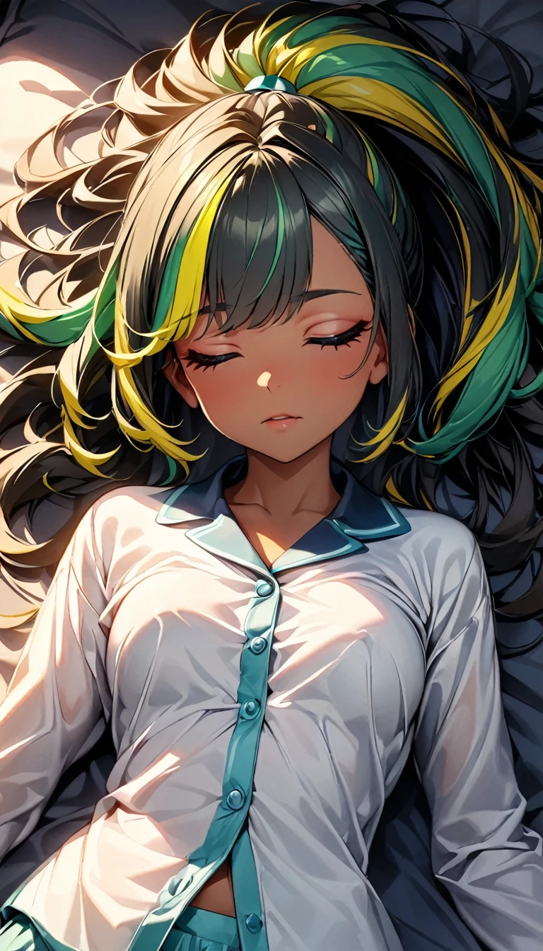 (highest quality:1.2, Very detailed, up to date, Vibrant, Ultra-high resolution, High Contrast, masterpiece:1.2, highest quality, Best aesthetics), Portraiture、girl、Bright colors、Beautiful fine details、Beautiful lip detail、long hair、ponytail, white and yellow green ((streaked hair:1.6)), highlights hair: 1.5, (small breast,:1) (tan skin:1.1), 、sleeping on the bed, sleep sprawled out, lie down on her back, pajamas, from above