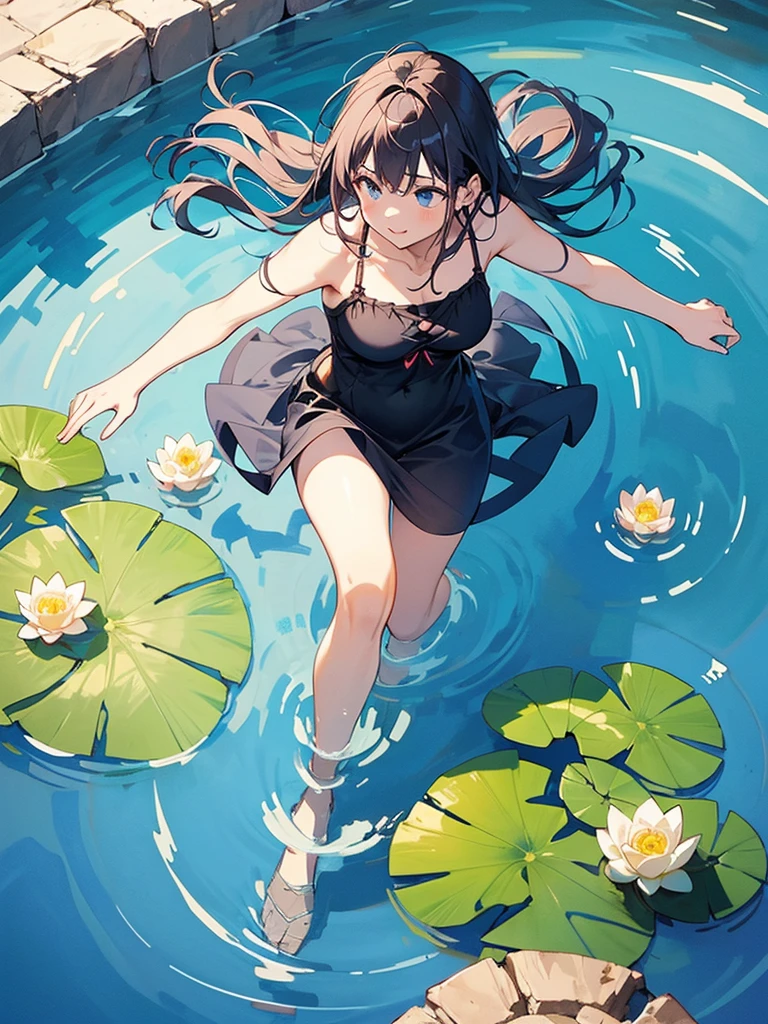 Woman walking on calm water, ((from above:1.5)), From above, Overlooking、Dancing Woman、Bottom Fish, Aquatic plants, Pool, Poolをを泳ぐ魚影
