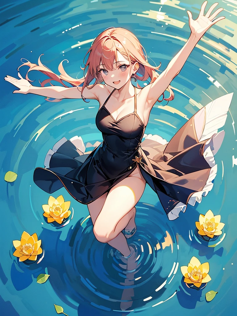 Woman walking on calm water, ((from above:1.5)), From above, Overlooking、Dancing Woman、Bottom Fish, lotus, Pool