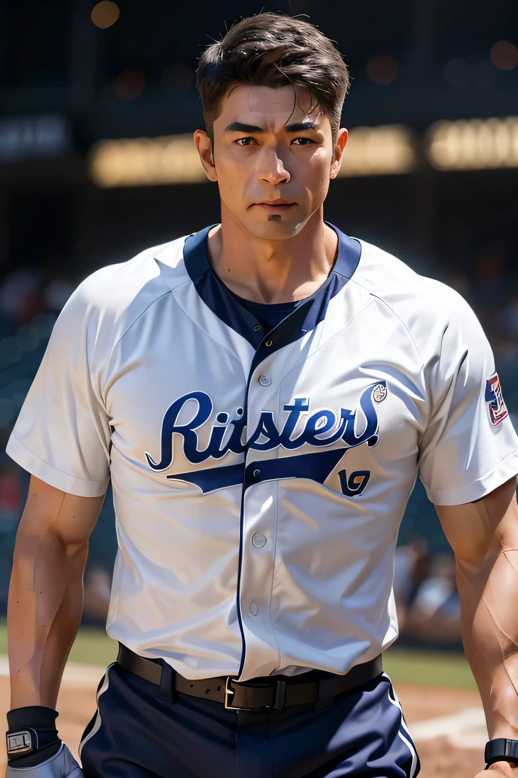 The face of vicissitudes。Wrinkles on the face ，A middle-aged man in a baseball uniform，Baseball coach，Ultra-high quality，Detailed background，muscular, muscular body,Asian Face，Attractive muscular man,50-year-old male ，sports, muscular man, Partial male hair trunk, wet，Sweating，Soaked， muscular, muscular body, Hairy chest and body, Loincloth