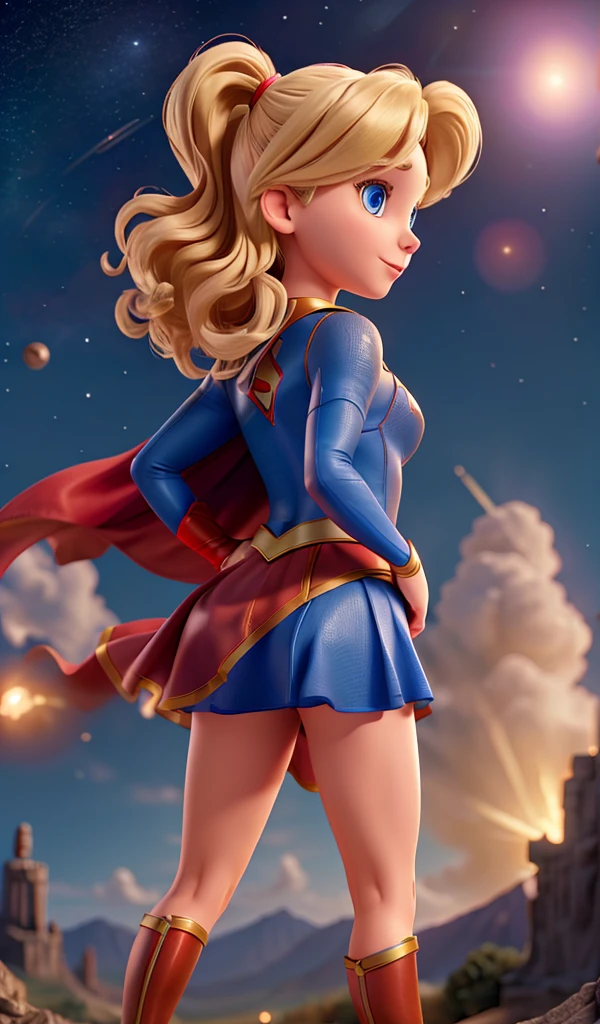 Supergirl in action pose, flying in the space, planet's in the background, perfect costume, extremely big upturned buttock, back angle view, extremely blond hair, smooth curves, red cape, extremely beautiful blue eyes, beautiful smile