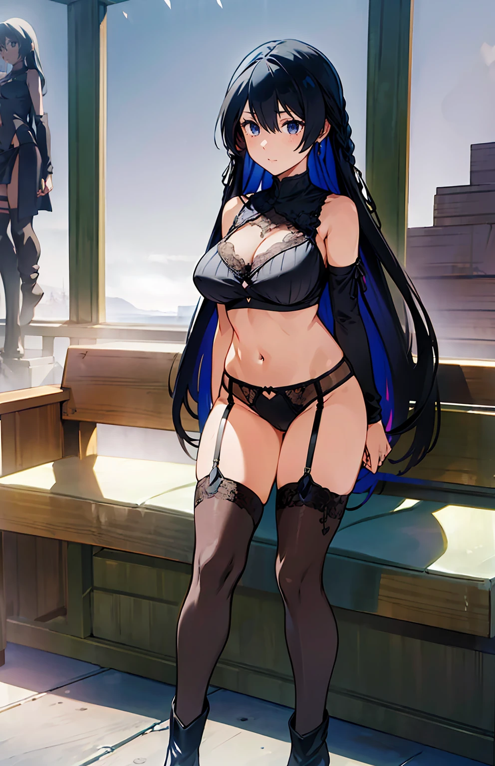 Anime girl, 3D art, standing (stand), 1 girl (solo), hourglass figure, looking at viewer, shy face, blush face, long hair, black hair, blue eyes, park (trees, grass, bench), wearing a black lace bra, wearing a black lace lingerie, wearing a usual black tights, wearing a usual black garter belt, ultra resolution, high detailed, a Head with good anatomy, a body with good anatomy, a hands with good anatomy, a legs with good anatomy, well drawn navel, open navel (visible navel), full body view, visible legs, big size chest (big size boobs),
