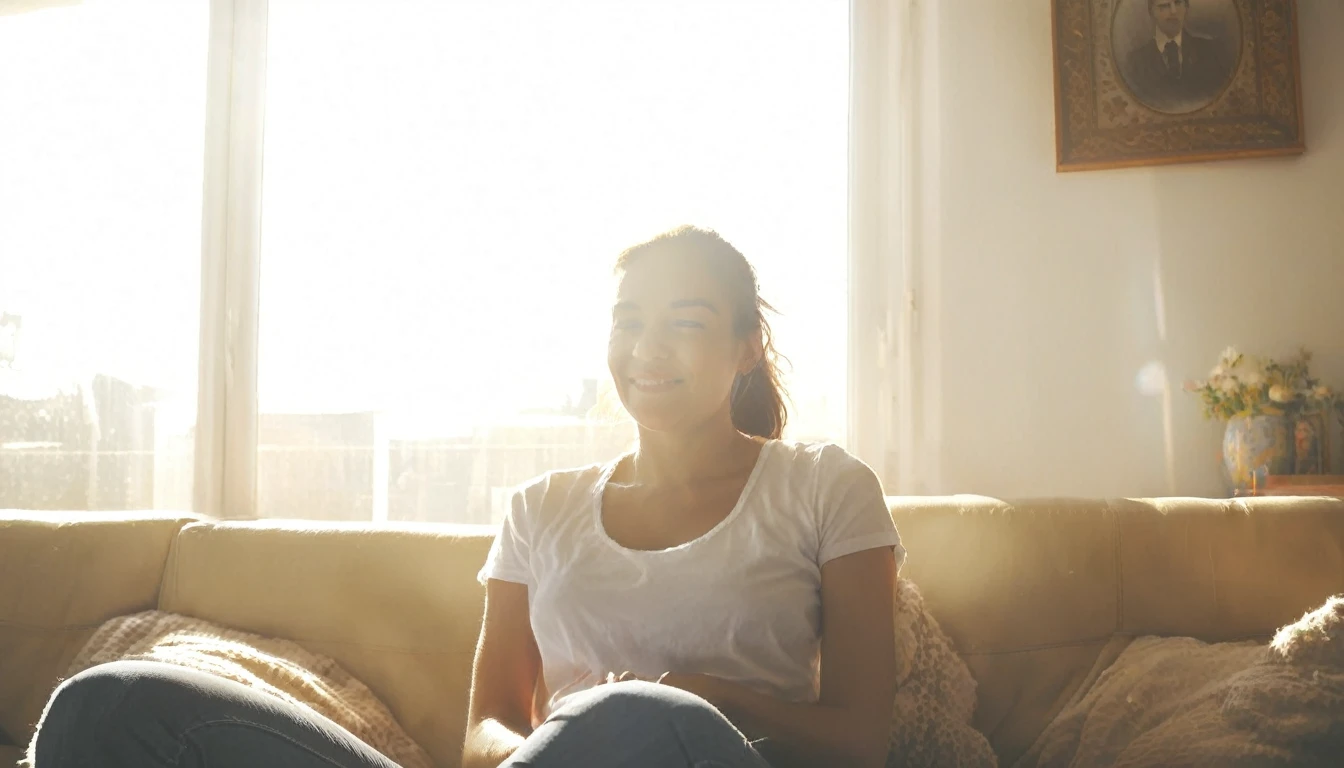 a photograph of highest quality a woman is sitting on her couch, photograph, 100mm, zoom, sunlight, indoors, happy, haze, atmosphere