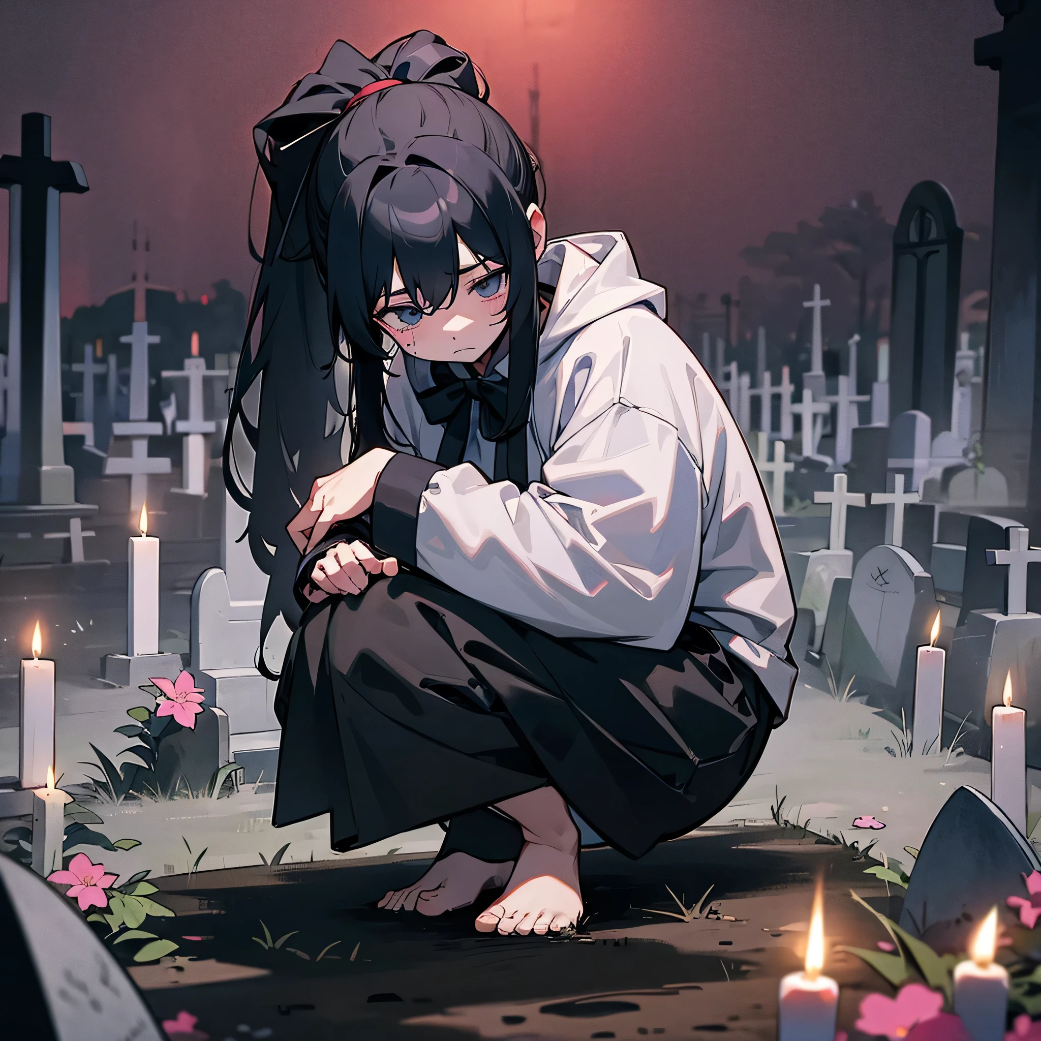 long black hair、girl、ponytail、squat、hoodie、flower、graveyard. night time, darkness, candle on a gravestone.
sadness, mourning expression