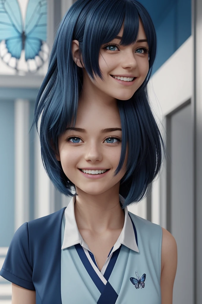 Screenshot of my hero academia. Girl but dark blue with slight lighter blue locks and length, with a butterfly cut fringe. She is thin and has a big bust. You have light blue eyes and you have a happy expression. He is wearing the UA uniform and is smiling.