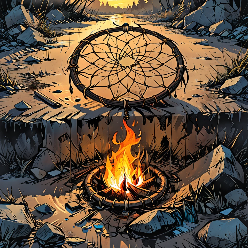 the dream catcher burning ((lies on the ground)) in the mud, day, graphic style of novel comics, 2d,
8k, hyperrealism, masterpiece, high resolution, best quality, ultra-detailed, super realistic, Hyperrealistic art, high-quality, ultra high res, highest detailed, lot of details, Extremely high-resolution details, incredibly lifelike, colourful, soft cinematic light,