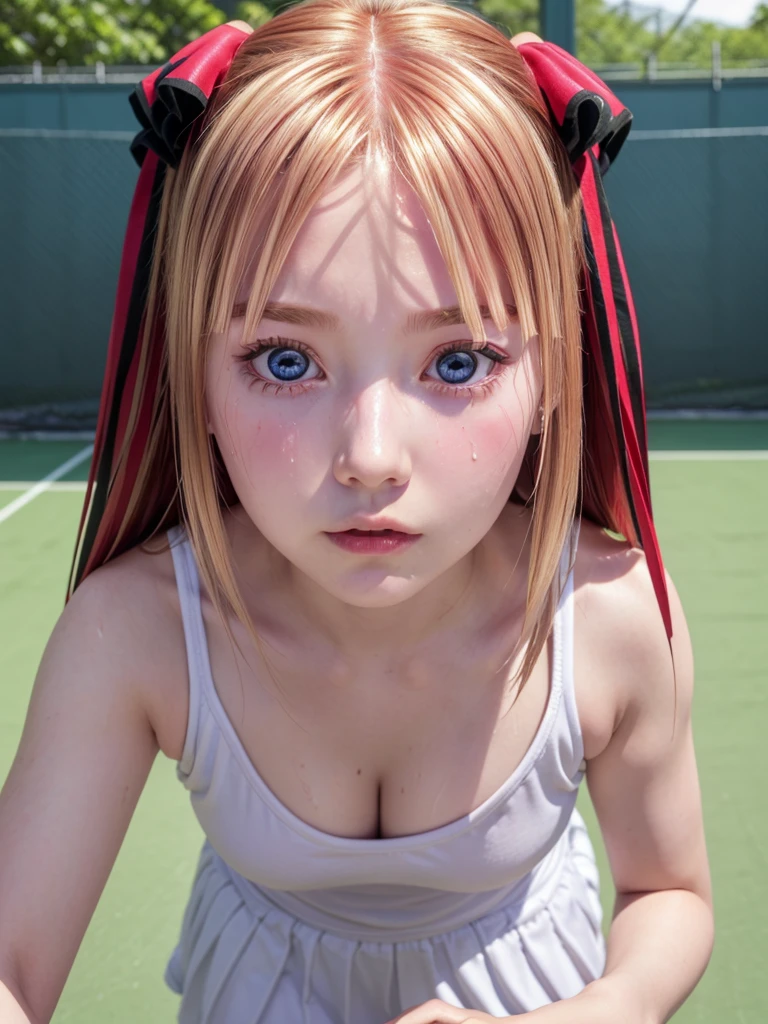blue eyes, hair ornaments, Hair Ribbon,Show your forehead、Twin tails、 Random color tennis wear, clavicle, Thighs, blush,, Lace choker, short hair,,No bra,,Highly detailed skin, Highly detailed face, (beautiful Fine grain, the girl, Red cheeks), (A girl is standing), The girl is a cute 18-year-old tennis player., (Not wearing a bra, Knee socks、 The girl has a toned figure., Pink tennis wear, Sun visor,, Tennis court, ((I took the photo from the front、The girl contains the whole body)), flowing、Fine grain, Perfect functionality, ( Highest quality, good quality:1.4), Intricate details,Closely、Embarrassed expression、blush、Shining Sweat、Perfect Skin,Sweat is noticeable in the cleavage、、Thighsの汗が目立つ、 Fair skin,Tight waist, Sweating profusely、Sweaty hair、Sweaty clothes、Sweaty、Visible sweat、Sweat-soaked hair、Athlete System、Cherry blossom petals fluttering、Blonde、Silver Hair、Form at the moment of serving、
