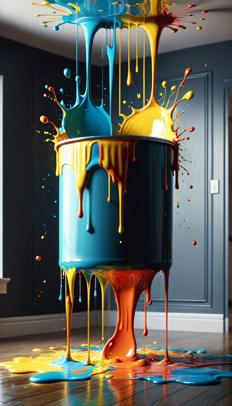  a paint can dripping paint,paint splash,apartment interior,cinematic lighting,