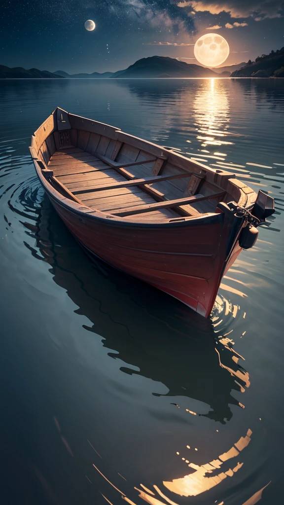 "Create a serene scene featuring a boat gently drifting on a calm sea, illuminated by the soft, glowing light of a full moon reflecting on the water's surface. At night between countless twinkling stars
