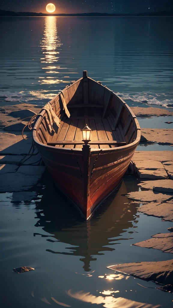 "Create a serene scene featuring a boat gently drifting on a calm sea, illuminated by the soft, glowing light of a full moon reflecting on the water's surface. At night between countless twinkling stars 