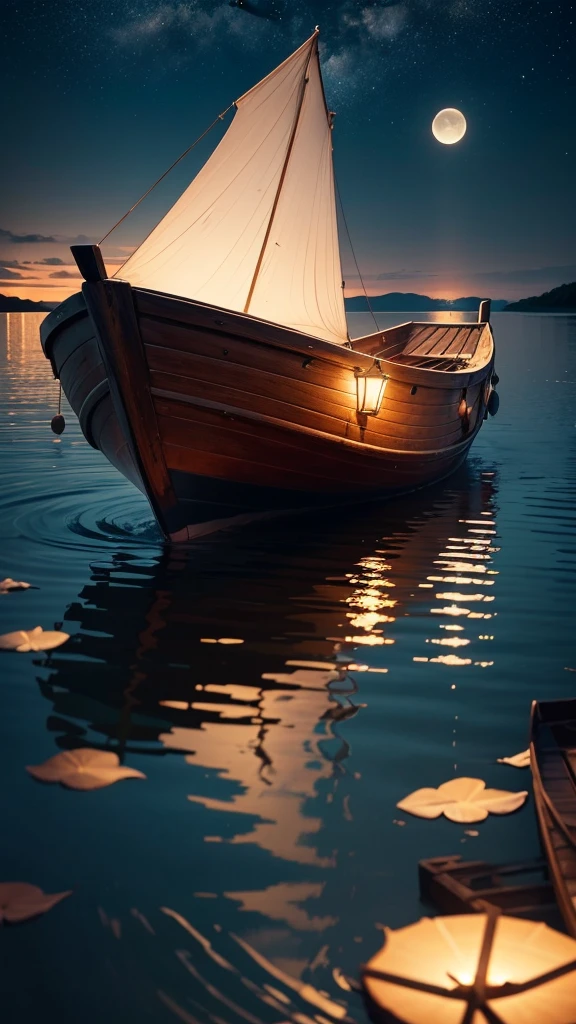 "Create a serene scene featuring a boat gently drifting on a calm sea, illuminated by the soft, glowing light of a full moon reflecting on the water's surface. At night between countless twinkling stars 