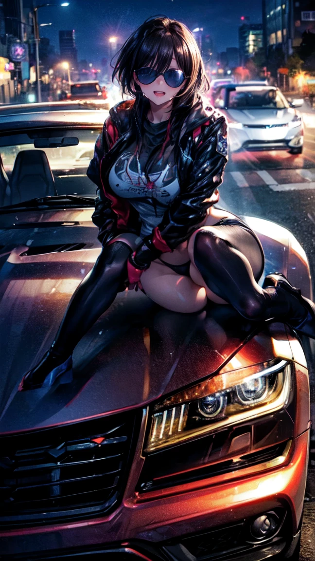One Woman Car sex Big Butt Feeling face Inside the car at night Girls who love sex Happy face sunglasses Blushing and embarrassed Outdoor Exposure sports car Thong Climb on the hood of a car Camaro