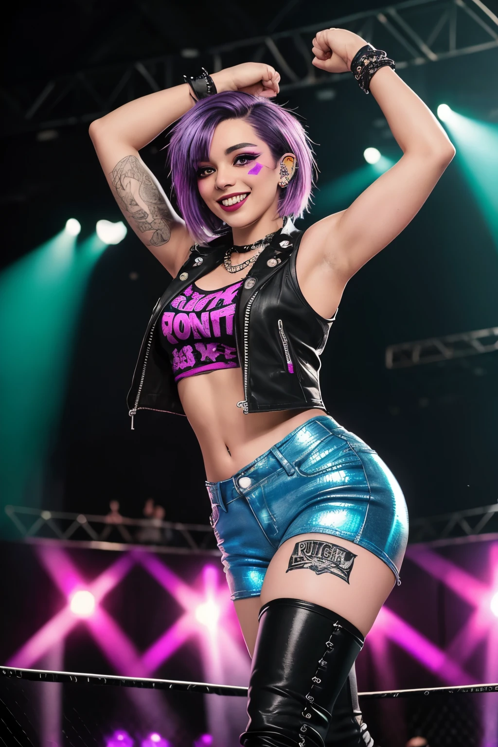 Concept: Shotzi Blackheart, the AIWF Punk Rock Rebel, prepares to launch herself from a giant mosh pit.
Details:
* Wrestler: Shotzi Blackheart (short, dyed purple hair in a messy style, multiple piercings, athletic build, around 5'7" tall).
* Face: Shotzi has a rebellious grin on her face, her eyes gleaming with mischief and excitement. A streak of black warpaint runs down one cheek.
* Body: Shotzi has a well-muscled and athletic build, perfect for her high-flying style.
* Attire: A punk-inspired AIWF outfit that reflects her rebellious spirit. Imagine a black leather vest with ripped jeans and glowing pink accents. The vest is adorned with spikes and chains, and the pants have holographic patches of band logos and anarchy symbols. She wears black combat boots and fingerless gloves.
* Pose: Shotzi stands atop a surging crowd of moshing fans in the AIWF arena. The crowd is a sea of raised fists, jumping bodies, and vibrant clothing. Shotzi leans forward, arms outstretched, with a wild grin on her face. Her signature green electric guitar is strapped to her back.
* Background: The AIWF arena is bathed in the pulsating glow of pink and purple lights, creating an energetic atmosphere. Giant holographic screens flash with punk rock imagery and song lyrics.
* Visual Style: Blend punk rock aesthetic with a touch of cyberpunk. Maintain a black and pink color scheme with neon accents reflecting the concert lighting.