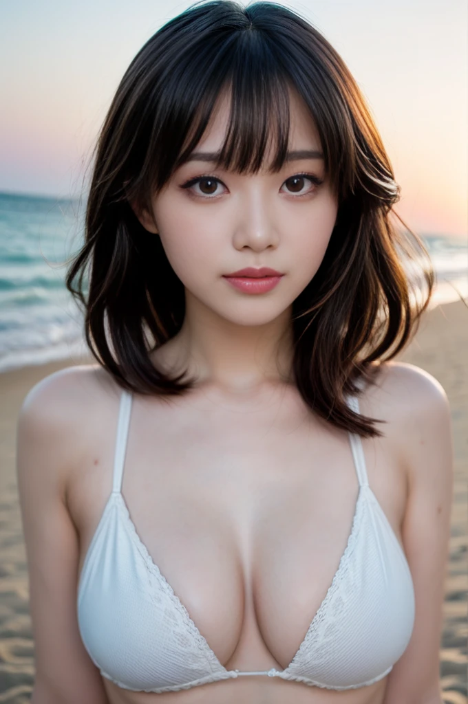 ((Highest quality)),((8K、32k)),(Genuine)、(detailed)、((Beach))、((Bust up shot))、((face closeup))、(White skin)、(Big Breasts)、The best balance between face and shoulder width、Micro Bikini、Shiny Hair、Short Bob、Glowing Skin、Japanese、beauty、Looking into the camera、Thick lips、kawaii、Hehehe:1.2、Shot with a film camera、RAW shooting、#24、Genuine、フォトGenuine:1.4、Photon Mapping、Physically Based Rendering、Perfect Anatomy、detailedなデコルテ、detailedな目、detailedな二重、detailedな咬筋、detailedな鎖骨、Perfect Fingers、Finger Description、(品質 8K)、((White skin))、Avoid mascara、Hair with movement、detailedな毛穴、Natural light、detailedな描写、Blushing、Fine pores、Perfect cleavage、masterpiece、Blushing、detailedな腹筋、sexy、detailedな脇の下、(slender)、(Upper Body)、detailedな目元、1 person、