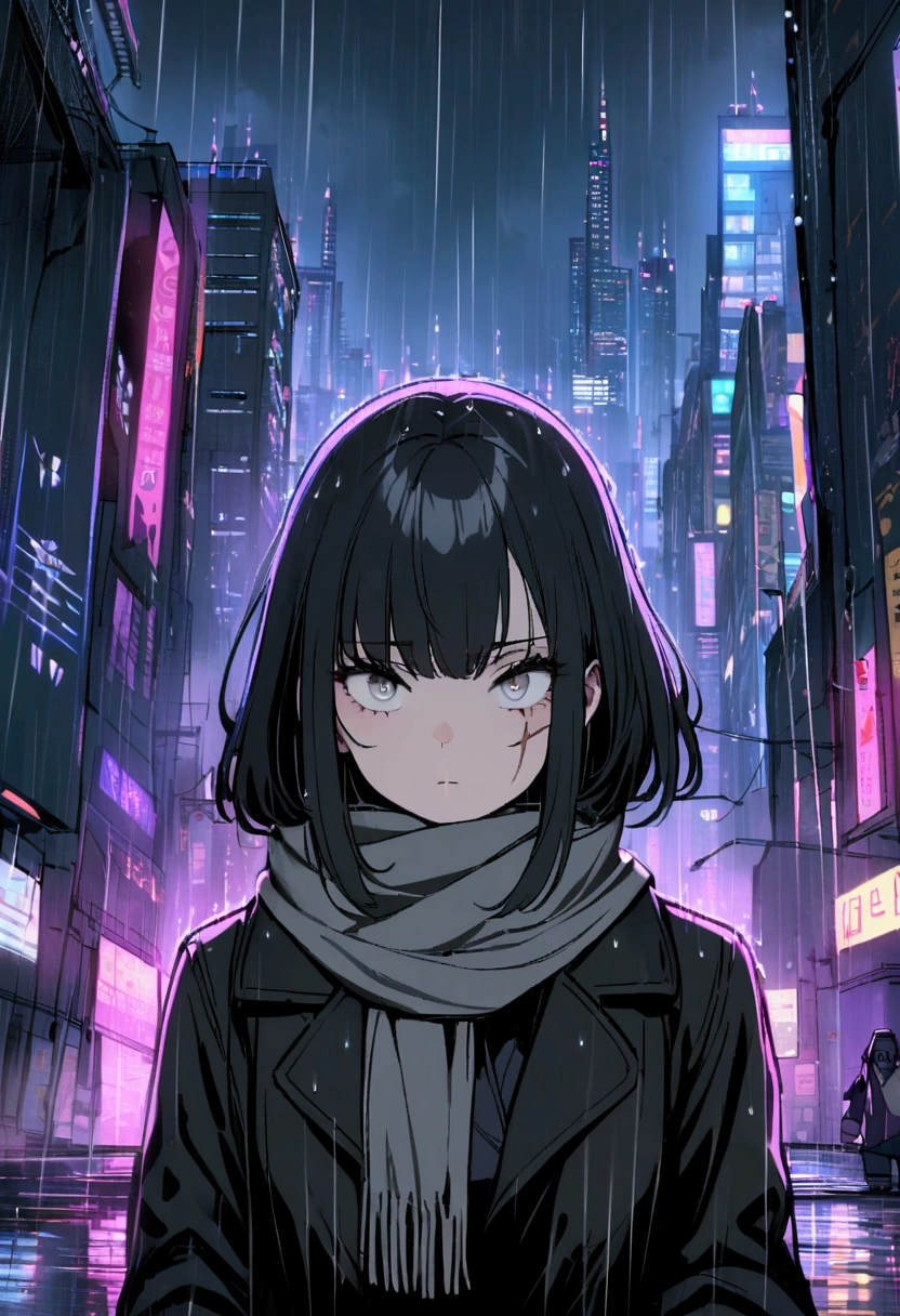 1girl, long black hair, beautiful silver eyes, a black jacket, scar on eye, menacing, gray scarf, raining, cyberpunk city,