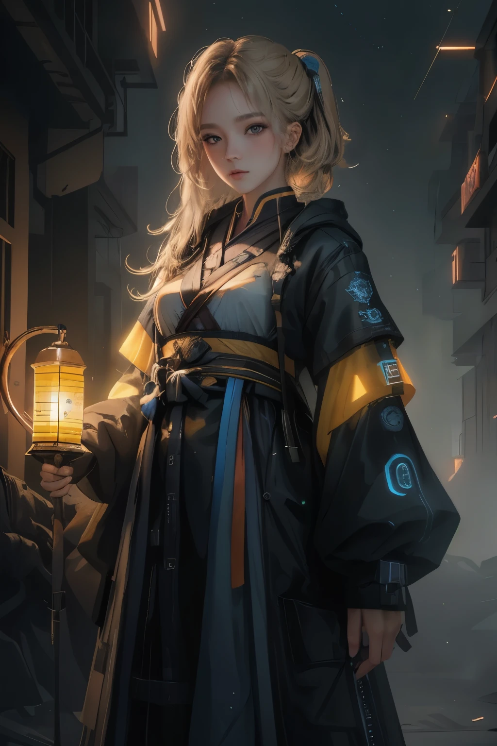 ((best quality)), ((Masterpiece)), (details:1.4), 3d, Image of a beautiful cyberpunk woman., HDR (high dynamic range), ผมหางม้าสูง, Blonde hair, PBR surface, After processing, Anisotropic filtration, depth of field, Maximum clarity and clarity, multi-layered surface, perfect proportions, 8K raw files, (Red, Hanfu), Cyber City, Starry sky, (Lighting Particles), Fog, lantern, หน้าอกใหญ่, Yoru, Brown and well-detailed eyes