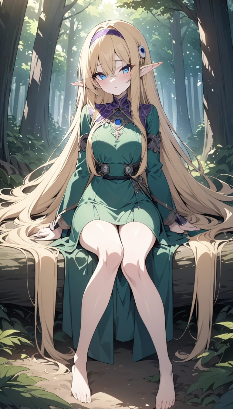 ((blonde hair)), highly detailed face and eyes, (very long hair, straight hair), jewelry, purple hairband, long pointy ears, anime, masterpiece, textured skin, (super detail), award winning, (best quality), elf, in forest, Sunbeams filtering through the trees, (green dress), whole body, beautiful legs, eyeball, blue eyes, sitting