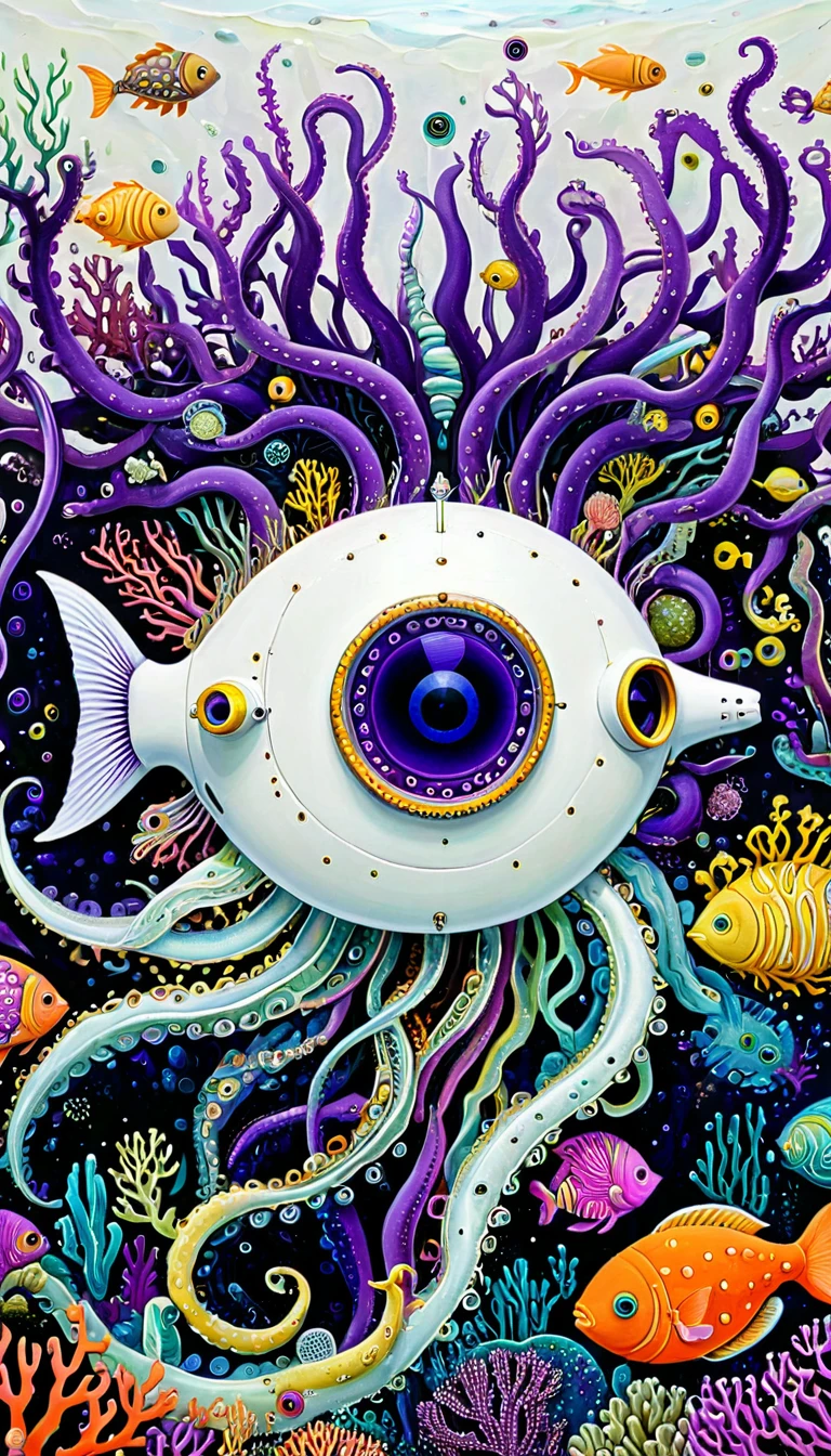 "Dick Ellescas Artist Style",submarine,coral,fish,Tentacles,eyeball、diatom,Stitching together an abstract painting,Describing the inner world of autistic people,Sense of space,White Space,interesting,Innocence,Psychedelic Art,Purple theme