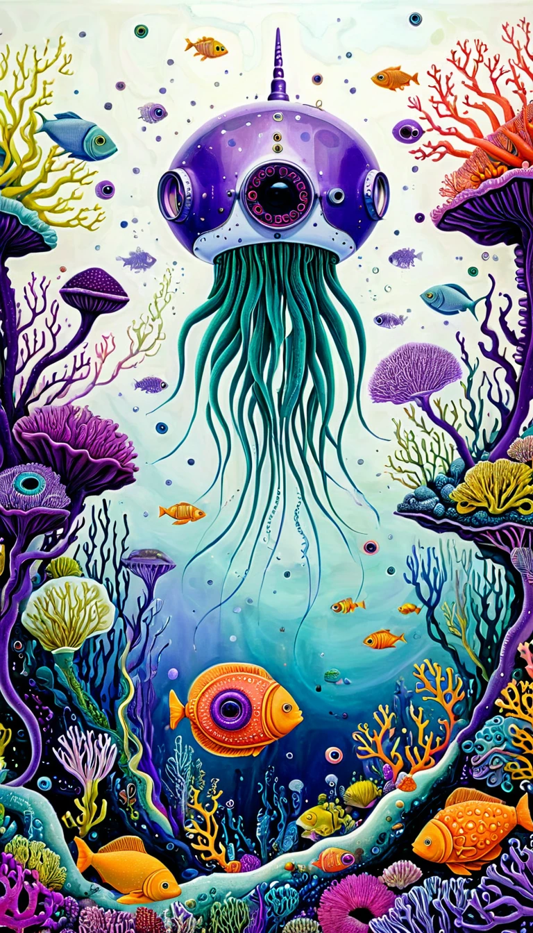 "Dick Ellescas Artist Style",submarine,coral,fish,Tentacles,eyeball、diatom,Stitching together an abstract painting,Describing the inner world of autistic people,Sense of space,White Space,interesting,Innocence,Psychedelic Art,Purple theme