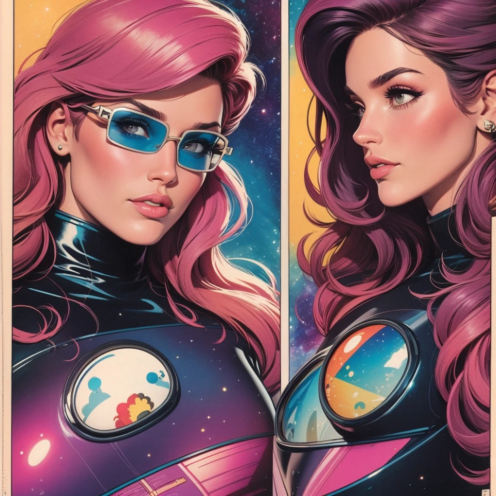 ultimate best quality,beautiful woman,speech bubble,big brest,galaxy,60s,70s,80s,colorful,cosmo,space,sunglass, profile view, head to shoulders, 1 woman