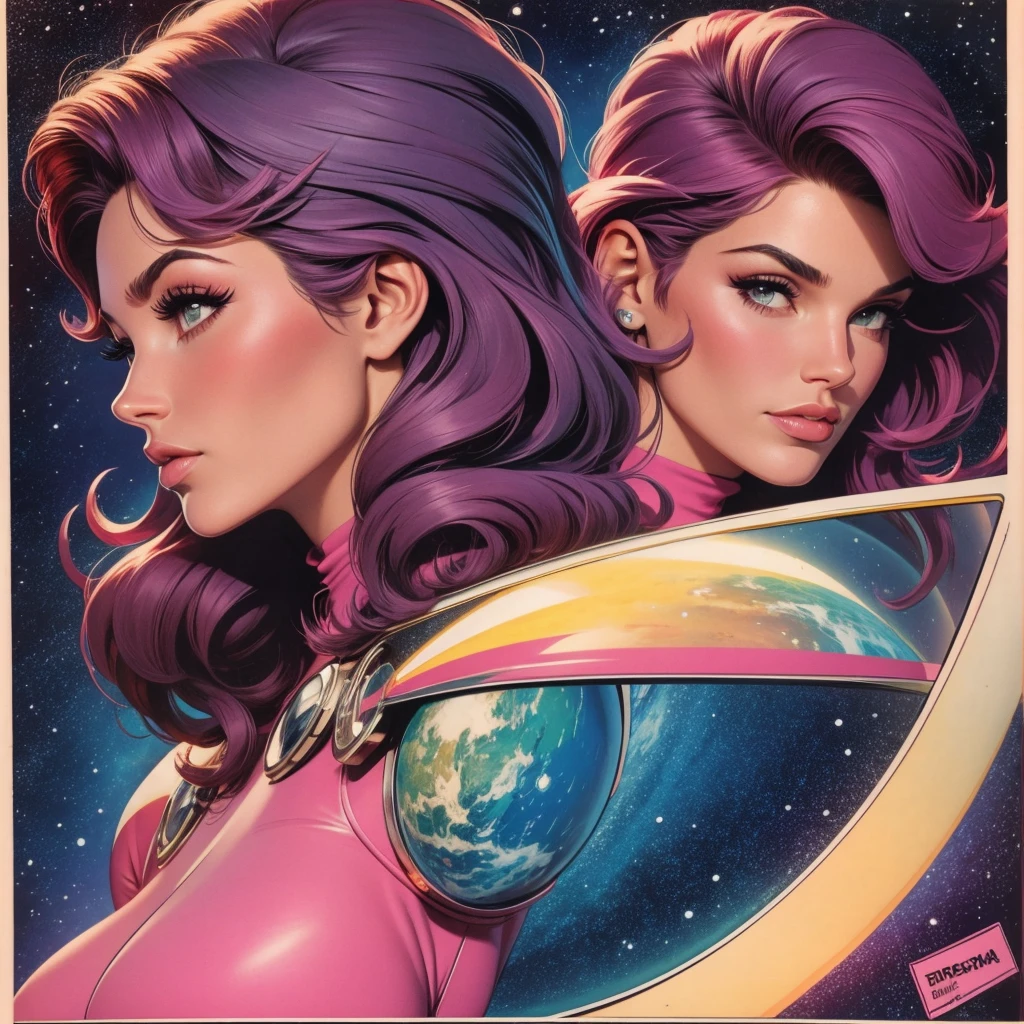 ultimate best quality,beautiful woman,speech bubble,big brest,galaxy,60s,70s,80s,colorful,cosmo,space,sunglass, profile view, head to shoulders, 1 woman