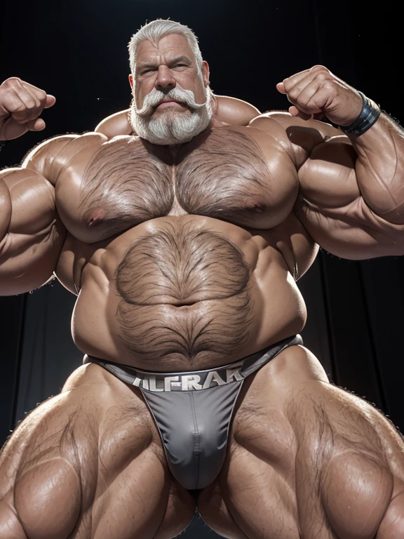 Hyperrealistic image of an extremely old and very sweaty gray-haired bodybuilder superhero over 80 years old, very muscular and fat, more than 200 kilos, with bare torso, large and flaccid pectorals, brown nipples and big gray mustaches with huge tattooed arms posing on stage at a bodybuilding tournament wearing a silver thong 