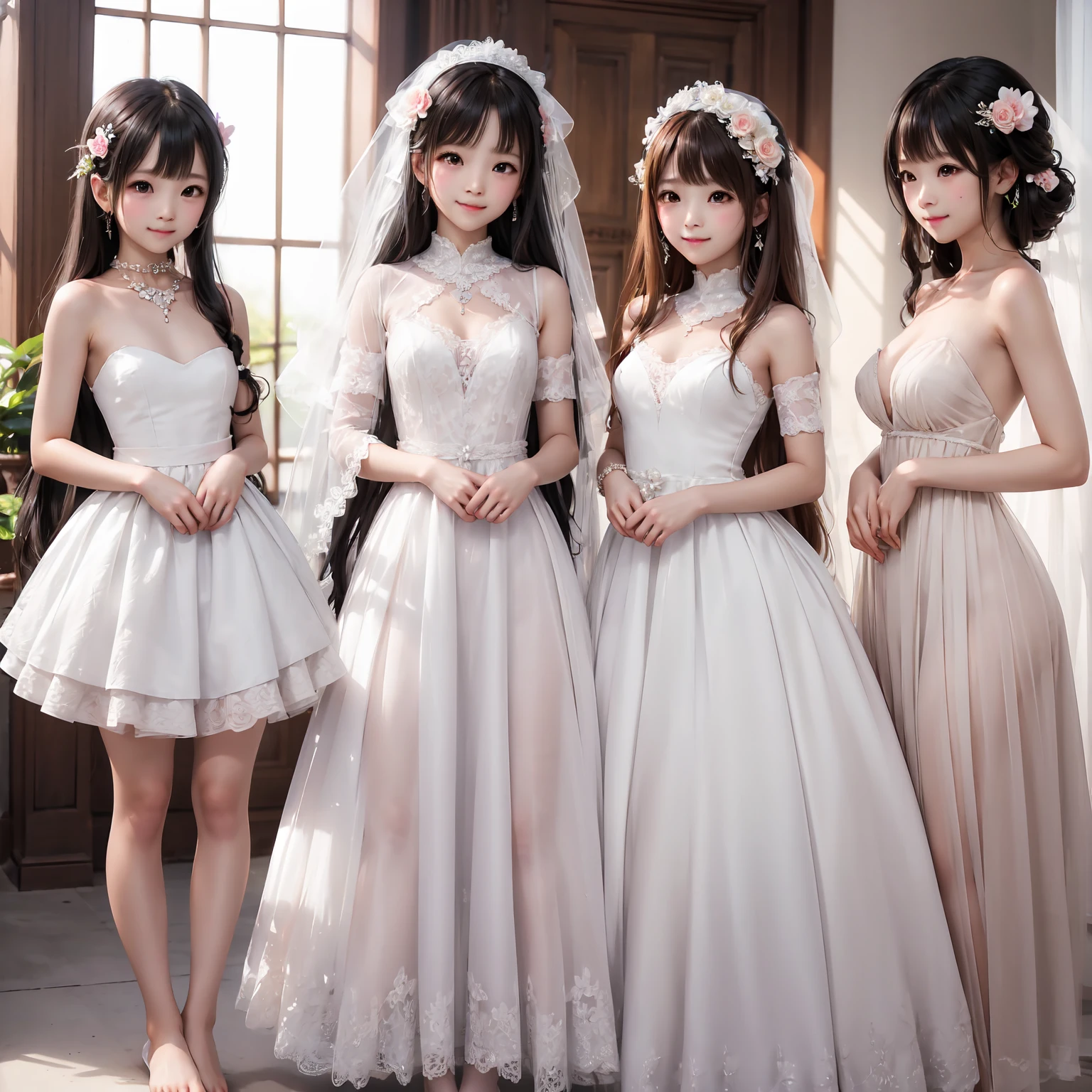 masterpiece, ((Highest quality))、wedding、(three cute girls、A good friend、Standing side by side、kawaii:1.4、12 yee:1.3、smile、Mr.々Hair le、pubic hair)、(((Full nudity、tits、Pussy)))istic aetailin texture、pale pastel wedding dresses:1.2、gem、hair ornaments、Veil、See-through)