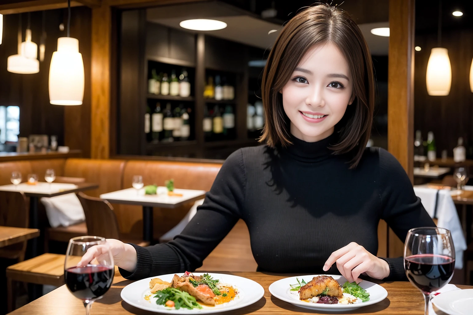 ((Highest quality、8K、masterpiece:1.3))、cute、slimカップル、modelカップル、actress男優、(Realistic, Intricate details:1.2), full-course dinner、Wine Party、Amazing view of the sunset sky and clouds、A bright smile、short hair,Bright Face、 (Age 37), Age 42, red wine 、Appetizers、Italian food、Wine bottle、Champagne、sparkling wine、Two beauties、Brown Hair、Shortcuts、Long sleeve shirt、dress、Beautiful woman 1, (slimな顔), (The body is slim), (Brown Hair), (Shortcuts), cheeks turn a little red,Attractive beauty、restaurant, In a prominent place (From the waist up) Nova Frog Style, actress, model, Upper Body, White wine, slim, wine glass, 中央に置かれたwine glass, smile, (smile: 1.15), Beautiful fine grain, Depth f/2,saturation, High Contrast, Strong light and shadow,Moist Body:1.5、3D texture、Delicate eyes、Brown Hair、The hair is very shiny、