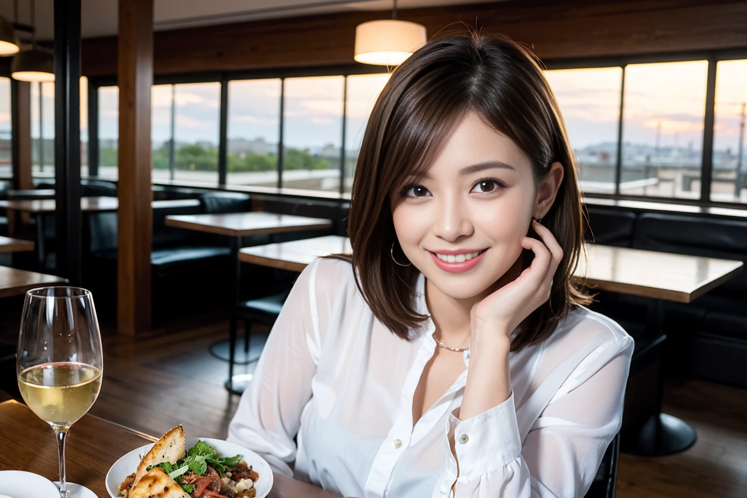 ((Highest quality、8K、masterpiece:1.3))、cute、slimカップル、modelカップル、actress男優、(Realistic, Intricate details:1.2), full-course dinner、Wine Party、Amazing view of the sunset sky and clouds、A bright smile、short hair,Bright Face、 (Age 37), Age 42, red wine 、Appetizers、Italian food、Wine bottle、Champagne、sparkling wine、Two beauties、Brown Hair、Shortcuts、Long sleeve shirt、dress、Beautiful woman 1, (slimな顔), (The body is slim), (Brown Hair), (Shortcuts), cheeks turn a little red,Attractive beauty、restaurant, In a prominent place (From the waist up) Nova Frog Style, actress, model, Upper Body, White wine, slim, wine glass, 中央に置かれたwine glass, smile, (smile: 1.15), Beautiful fine grain, Depth f/2,saturation, High Contrast, Strong light and shadow,Moist Body:1.5、3D texture、Delicate eyes、Brown Hair、The hair is very shiny、