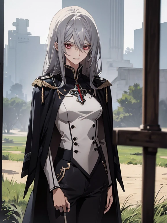 (Confused, High resolution, Very detailed), 1 female, Silver Hair,Long Hair,Crimson Eyes,Blue and black military uniform,24th generation,beauty,mature,thin,quiet,Calm,A small smile,Long Cape,Slender and thin,,skinny pants,grassland,Small breasts,thin body,Are thin