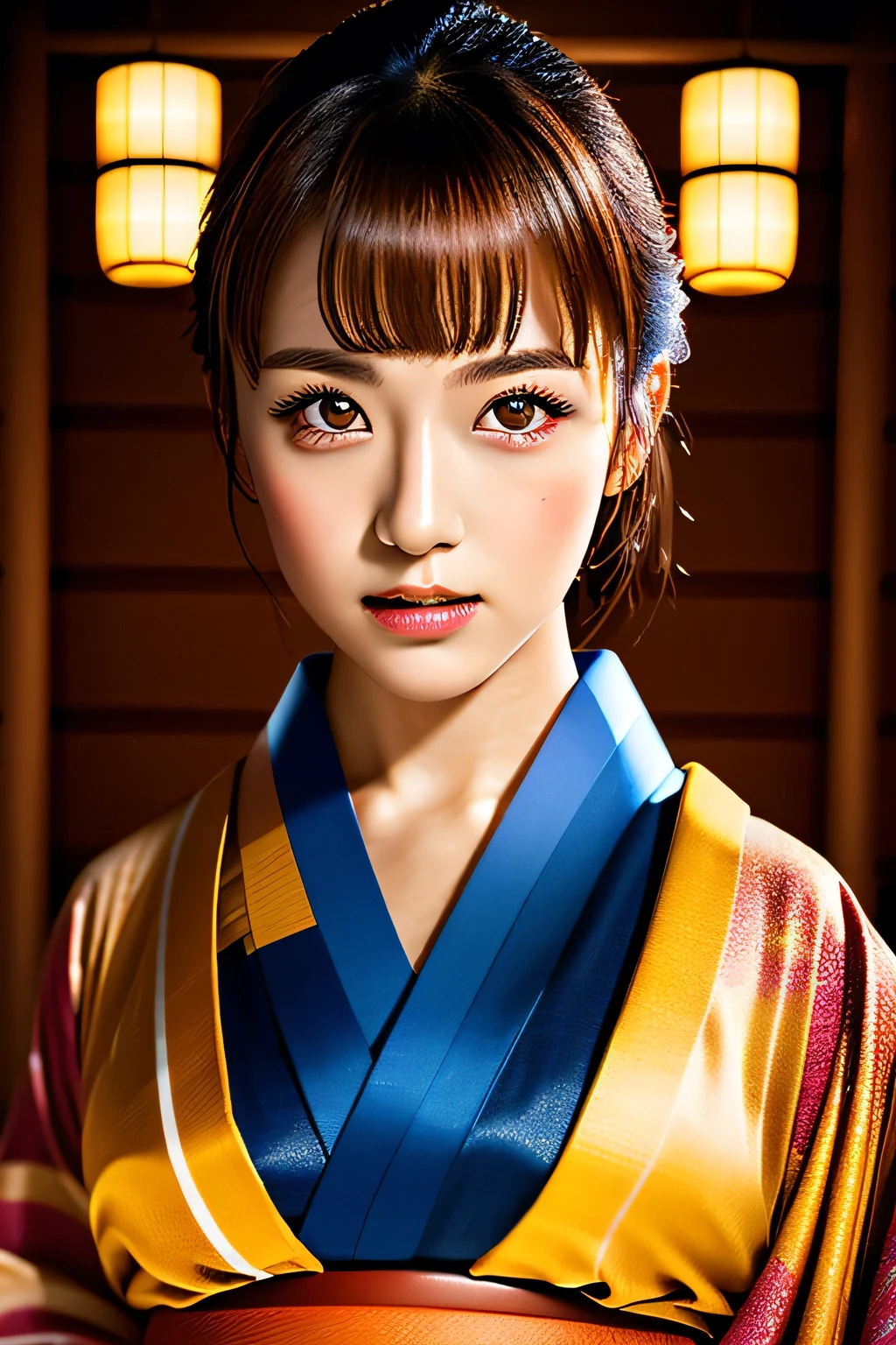 Indoor Japan dance ,Portraiture,Ultra-sharp focus,High Contrast, kimono,Brown eyes,, Center image,(26-year-old female,)Brown Hair.