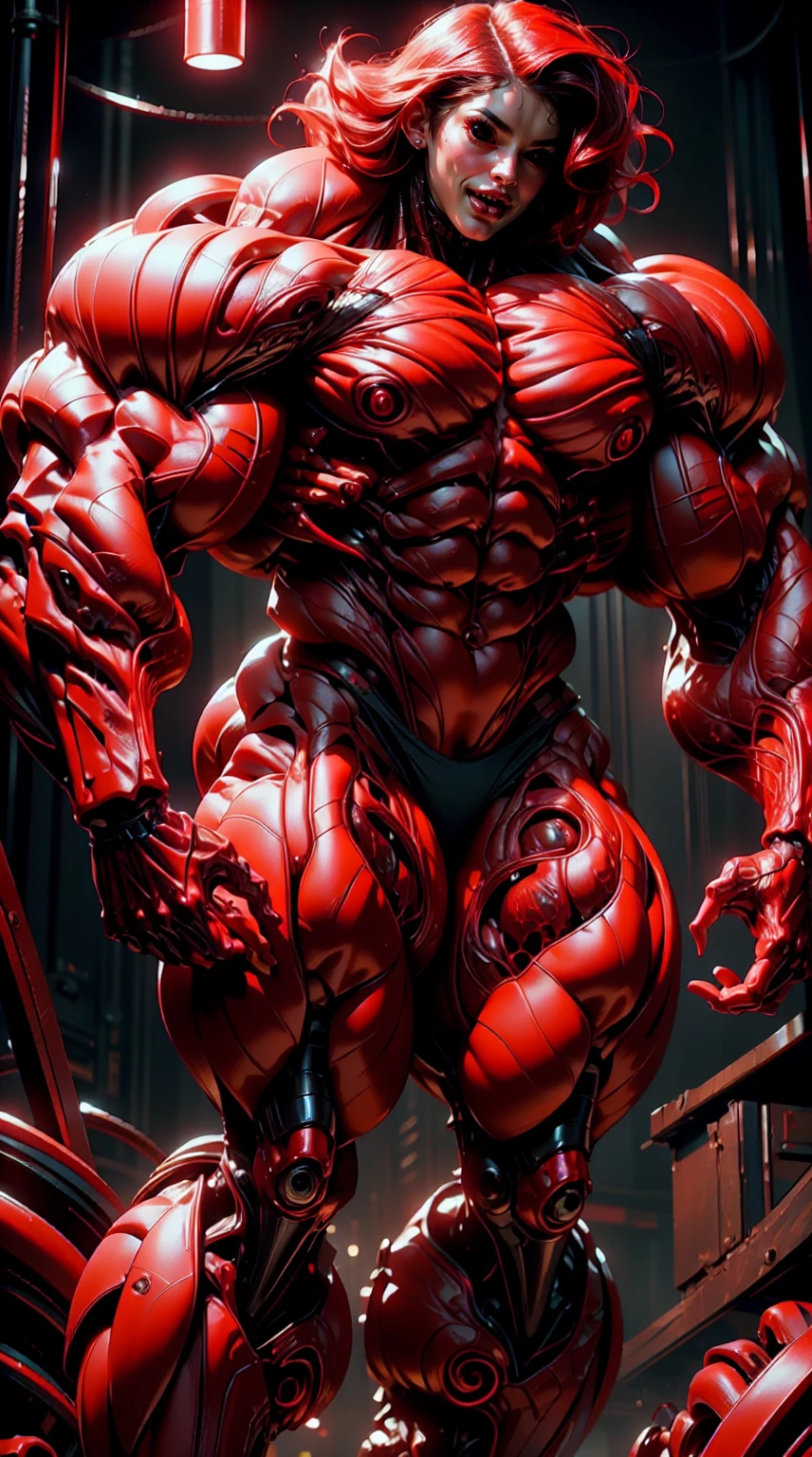(1 girl), (megan fox), young girl, carnage muscular physique, seductive face, mouth wide open carnage style, long red hair, perfect muscular body, super skinny legs, cybernetic muscle suit, sissy, femboy, (carnage style physique),