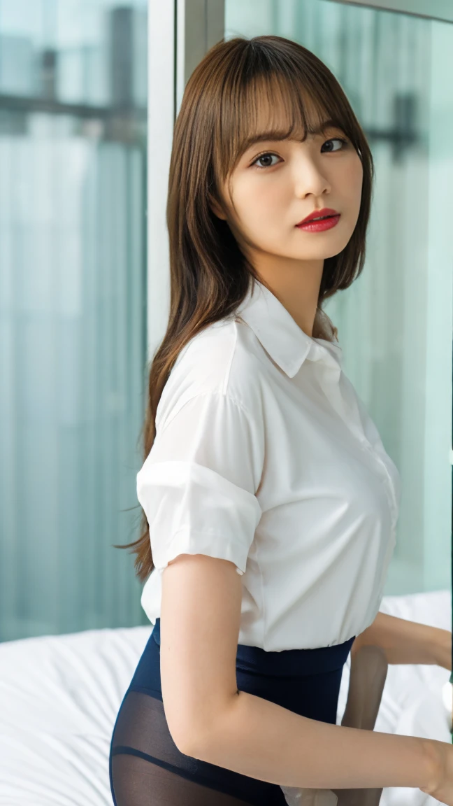 Tied Up Woman、(((Hands behind back with wrists crossed)))、(My wrists are tied with rope)、Beauty、Well-formed face、Shiny long black hair、Make your eyes even、Inside the hotel room、From behind、Show your whole body、White short sleeve shirt、Navy Semi-Long Skirt、Panty lines、Wearing pumps、Standing in front of the window、Age 25、Medium build、Like a real photo、Highest quality, light brown hair, straight hair, shiny hair, parted lips, seductive smile, Surrealism, Hyperrealism, Verism, cinematic lighting, tachi-e, first-person view, from behind, Nikon, UHD, anatomically correct, best quality, highres, 8k